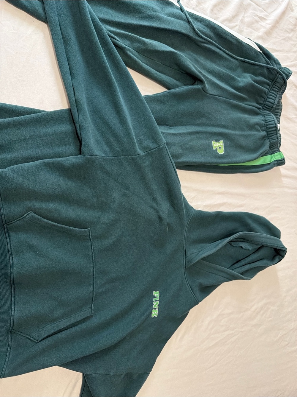 PINK Victoria's Secret Teal Fleece Jogger Set with Lime Accents